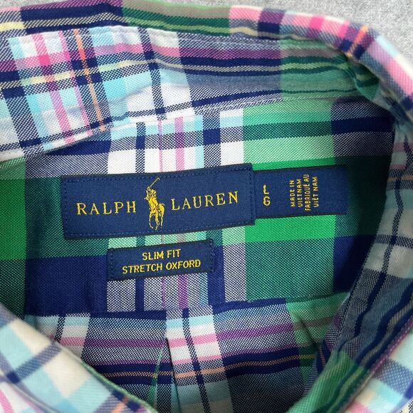 Polo Ralph Lauren Shirt Mens Large Slim Fit Madras Plaid Flesh Pony Button Down - Picture 9 of 11